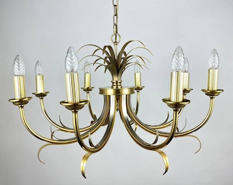 Maison Bagues Style Gilt Brass Chandelier From SA Boulanger | Large Vintage 8 Arm Pendant Lighting With Faux Candlestick Lamps
