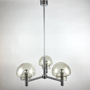 Vintage Chandelier Stilnovo Style | 3 Light Points Pendant Lighting | Italian Ceiling Lamp, Circa 1970s | Clear Glass Hemisphere Shades Lamp