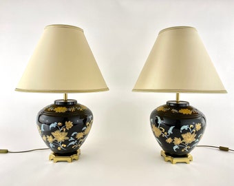 Paire de lampes de table vintage des années 1980 | Magnifiques lampes jumelées en bronze et porcelaine | Lampes originales peintes à la main | Ensemble De 2 Lampes, France