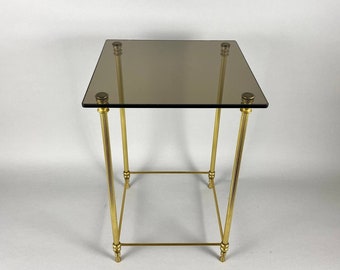Charming Vintage Coffee Table With Smoked Glass Top & Gilt Brass Frame, France, 1970s | Neoclassical Smoked Glass Side Table | Vintage Table