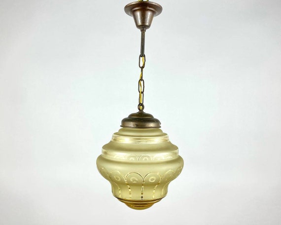 Small Vintage Chandelier Colored Glass and Brass Lamp Art Deco Belgian  Ceiling Lamp, 1960s Yellow Lampshade With Patterns and Gilding -  Canada