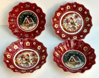 Villeroy & Boch Christmas Serving Dish, Germany | Round Red Plate | Limited Edition | Vintage Villeroy Plate With Dwarves Gingerbread House