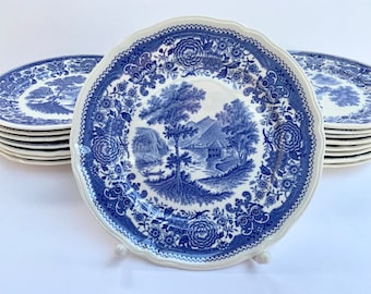 Teller Villeroy & Boch Burgenland Blue Dessertteller, klassische alte Serie, Vintage-Porzellanteller im französischen Landhausstil, 19-Zoll-Set
