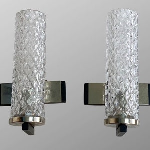 Vintage Pair of Wall Sconces | Glass Wall Sconces with Metal Base | Cylindrical Shape Wall Lighting | Mid Century Lighting | Modern Sconces