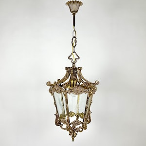 Lantern Antique Bronze Ceiling Lantern Pendant Chandelier With Etched Glass Panels Gilt Bronze Hall Lantern With Gravings Electrical 1930s