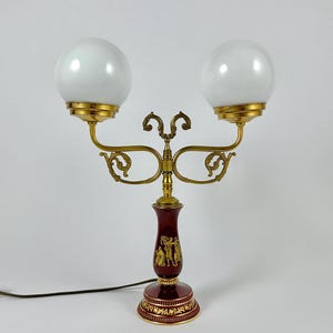 Vintage Table Lamp Red Gold Table Lamp With Metal Base Mythological Scenes Table Lamp Brass Interior Light With Opal Matt Glass Double Arm