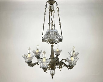 Superbe lustre vintage | Très beau luminaire suspendu en cristal et laiton de haute qualité | Lustre français à 6 cornes | Années 50