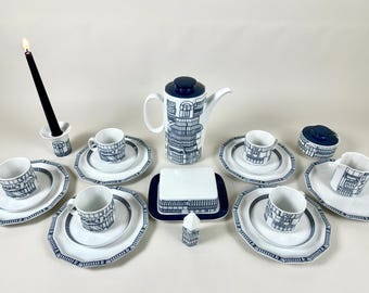Vintage Rosenthal Studio Line Geschirr Tee-Set | Eduardo Paolozzi Entwurf | Blau & Weiß