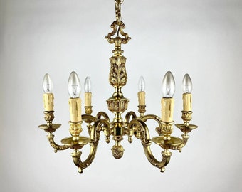 Magnifique Lustre En Bronze De Style Empire | Luminaire suspendu à six lampes | Lustre en bronze doré | Luminaires vintage | 6 lustres en corne