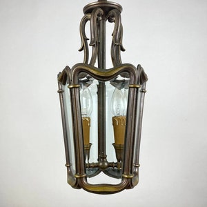 French Vintage Lantern, 1960s | Bronze & Glass Ceiling Lamp | Pendant Lantern | Pentagonal Glass Hall Lighting | 2 Light Lantern On Chain |