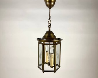 Brass Art Nouveau Lantern with Glass | Vintage Patinated Brass Art Nouveau Pendant Light or Lantern | Brass Pendant Lamp | Metal Ceiling