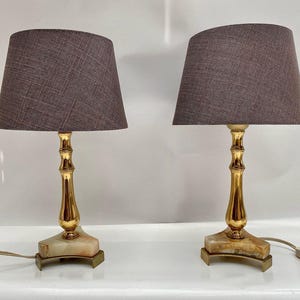 Pair Vintage Onyx Brass & Gilt Table Lamps New Shades Belgium VintageTable Lamps 1970s Belgian Table Lamps Gilt Accent Hollywood Regency