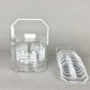 ヴィンテージ プレキシガラス 八角形 蓋付きクッキーバケツとセット 6 つの鍋敷き ヴィンテージ スクエア ビスケットバケツ カート 装飾 ヴィンテージ 70 年代 ウェディングギフト