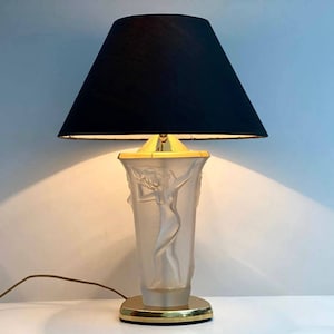 Table Lamp With Three Embossed Graces On The Opaque Glass Vintage Table Lamp With Black Shade Brass And Glass Bedside Lamp Lighting Vintage