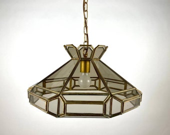 Żyrandol z przydymionego szkła w stylu vintage: lampa wisząca z mosiądzu, niemiecki design