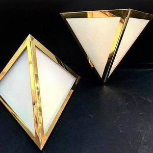 Vintage Wall Sconces from Glashütte Limburg, 1980s, Set 2 | Elegant Set of Brass & Opal Glass Triangle Wall Sconces, Germany