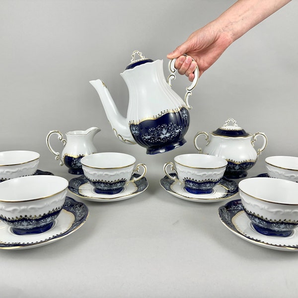 Juego de té y café de porcelana de Zsolney Hungría, años 60 / Servicio de té de porcelana azul cobalto blanco vintage Zsolney / Tazas y platillos de tetera de porcelana