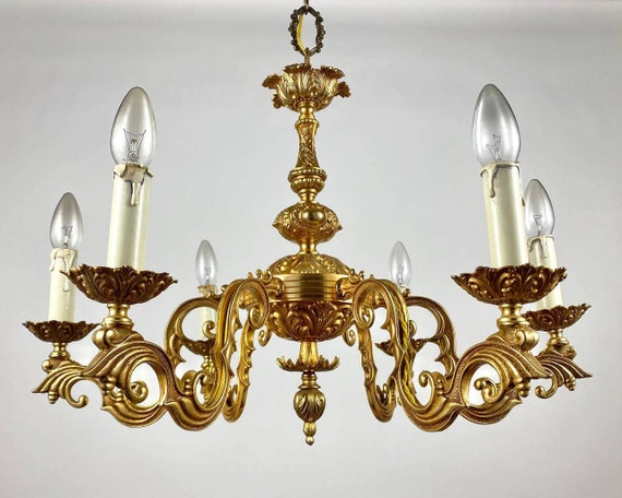 Attractive Gilt Brass Chandelier 6-arm French Ceiling Lamp Vintage  Suspension Chandelier With Six Faux Candles 1960s Pendant Lighting 