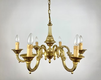 Amazing Gilt Bronze Chandelier | Large Vintage Pendant Lighting | 6 Light Chandelier, 1960s | French Pendant Lighting With Faux Candlesticks