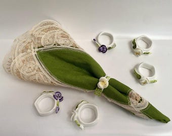 Vintage Porcelain Napkin Rings, Set of 6, Silver Rose by Fukagawa