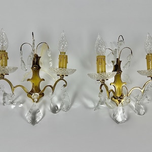 Crystal Sconces Vintage Crystal Wall Sconces Two Wall Lights Pair Gold Bronze Crystal Gold Sconces Drops Beads French Vintage Lighting 50s