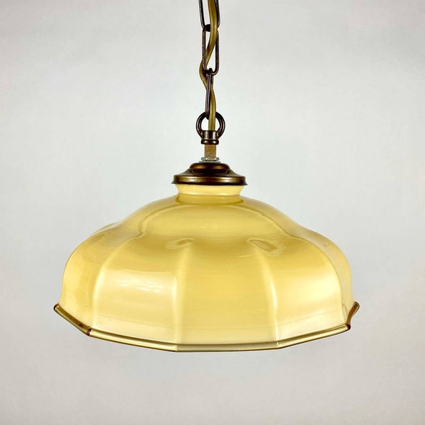 Yellow Glass Pendant Lamp with Brass Fixing, France, 1960s | Vintage Chandelier In Umbrella Shape | French Vintage Ceiling Chandelier