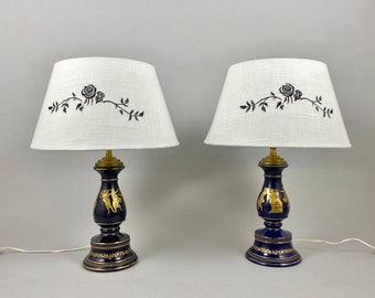 Beautiful Pair Of Vintage Cobalt Blue Porcelain Table Lamps | Paired Table Lamps “Greek Mythology” | Cobalt Blue Table Lamps With Painting