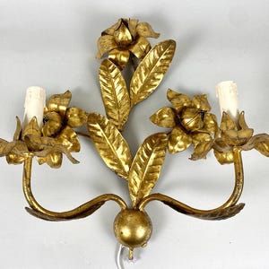 Vintage Wall Lamps in Gilt Metal Large Italian Gilded Florentine Wall Lamp With Curved Iron Leaves Italian Flower Bouquet Lamp Two Arm 1960s