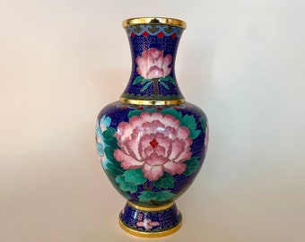 Vintage Enamel and Brass Vase in Cloisonné Technique, China, 1980 | Large Blue Asian Vase | Hand Painted Vintage Vase Floral Decor |