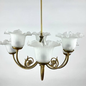 Vintage French Gilt Brass Chandelier: Frosted Glass Floral Shades, 6-Light Plafond
