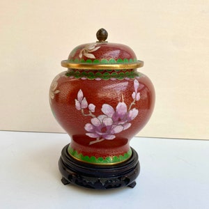 Cloisonne Ginger Jar With Lid, Vintage China, 1970 | Metal and Enamel Vase With Lid | Chinoiserie Floral Motif Vase With Bird | Cloisonné
