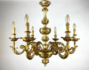 Lustre ancien de luxe, Italie | Grand plafonnier en bois sculpté doré | Lustre rare sculpté à la main | Éclairage à 6 lampes | Début du 20e siècle