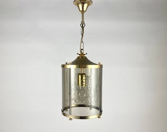 Vintage Rauchglas Laterne mit Gravur aus vergoldetem Metall