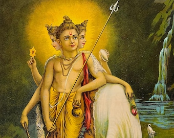 May include: A colourful illustration of a Hindu deity with three heads, holding a staff and a conch shell. The deity is standing on a white cow, surrounded by white dogs. The background features a waterfall and a green forest.