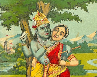 May include: A colourful illustration depicting the Hindu deities Krishna and Radha standing together in a verdant landscape. Krishna has blue skin and is wearing a yellow dhoti, while Radha is dressed in a red sari. They are surrounded by trees, a river, and cows.