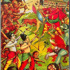 Original-Lithographie Ravi Varma Press: RAM RAVANA YUDH – 10 x 14 Zoll