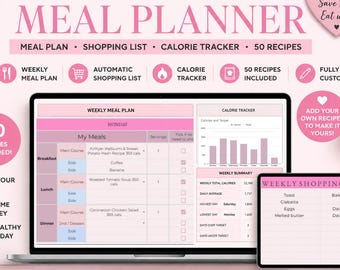 Digitaler Essensplaner | Auto-Einkaufsliste | Kalorien Tracker | 50 Rezepte enthalten ( Google Sheets )
