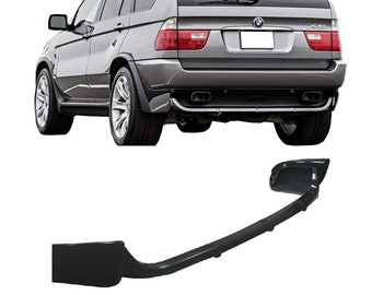 May include: A black plastic rear bumper diffuser for a BMW X5. The diffuser has a sleek, sporty design with a curved shape and a smooth finish.