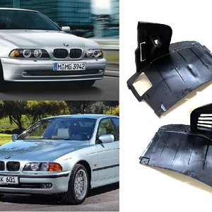 Może przedstawiać: Dwa czarne plastikowe panele podwozia do samochodu BMW serii 5. Panele są zaprojektowane w celu ochrony podwozia przed uszkodzeniami. Panele są pokazane w dwóch różnych kątach.