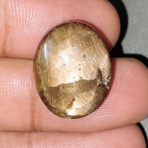 May include: An oval-shaped, polished gemstone in shades of brown. The surface has subtle colour variations and a textured appearance. The gemstone is held in a hand, highlighting its form and size. The stone has a reflective quality.