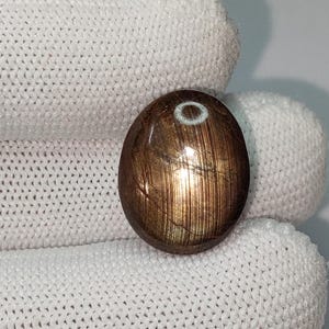 Op de afbeelding: Een gepolijste, ovale edelsteen met een warme bruine tint en een glinsterend, gestreept patroon. Er is een kleine, lichtgekleurde ring aan de bovenkant. De edelsteen wordt vastgehouden door een witte handschoen.