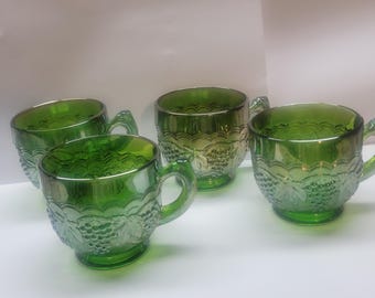 Vintage Imperial Grape Helios Green Iridescent Carnival Glass Punch Cups, 4 Iridescent Emerald Green Embossed Grape Vine Motif Handled Cup