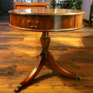 Vintage Drum Table, Solid Mohogany Wood Pedestal Side Table with leather top, 1 functional Drawer and 3 Faux Drawers & Brass Paw Feet
