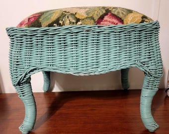 Vintage Needlepoint Top Ottoman Stool Wicker with Curved Legs Cottagecore Floral Tapestry Footstool  Grandmacore Shabby Chic Accent Seating