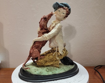 Vintage Boy & Dog Figurine Heartwarming Sentimental Resin Sculpture Child Hugging Puppy 1980s Collectible Decor