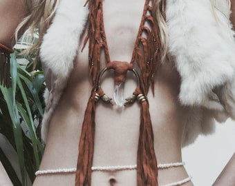 ALUNA White Quartz Necklace, Fringes Jewelry, Talisman, Layering Necklaces, Gold Statement, Leather Jewelry, Ancient Greek Jewel, Nature
