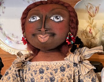 Custom Art Doll , rustic and  farmhouse Primitive  Folk Art Doll,  handmade, Wool Hair, Coral and Turquoise, OOAK, One of a kind, art doll