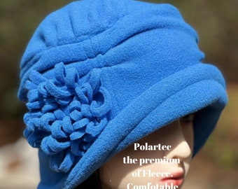 Blue Fleece Hat - Cobalt Blue Hat - Boho Flower Hat - Winter Bucket  Hat -Lady’s  Warm Flapper Hat - Women's  comfortable Chemo Hat - Blue