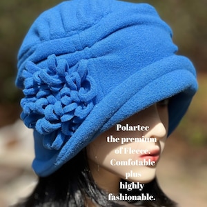 Blue Fleece Hat Cobalt Blue Hat Boho Flower Hat Winter Bucket Hat Ladys Warm Flapper Hat Women's comfortable Chemo Hat Blue image 1