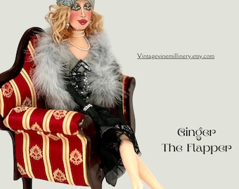 Flapper Boudoir-pop uit de jaren 20, grijze zijden jurk, kant, handgemaakt, strassspelden, Swarovski-oorbellen, Mohair Ginger Hair, Roaring 20's, Gatsby